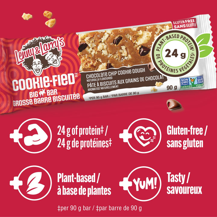Lenny & Larry's Cookie-fied BIG BAR – Chocolate Chip Cookie Dough Vegan Protein Bars (12 x 90g) – 24g Plant Protein, 10g Prebiotic Fiber, Gluten-Free Snack - Canadian Distribution - Ships Free Within Canada on Orders Above CAD $199