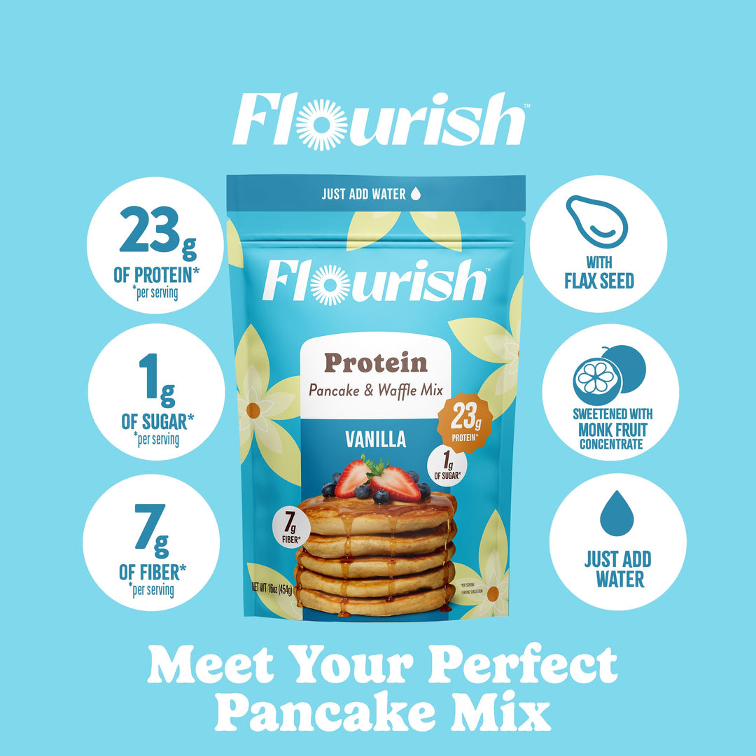 Flourish – Protein Pancake and Waffle Mix – Vanilla – 2 × 430g – High fibre just add water