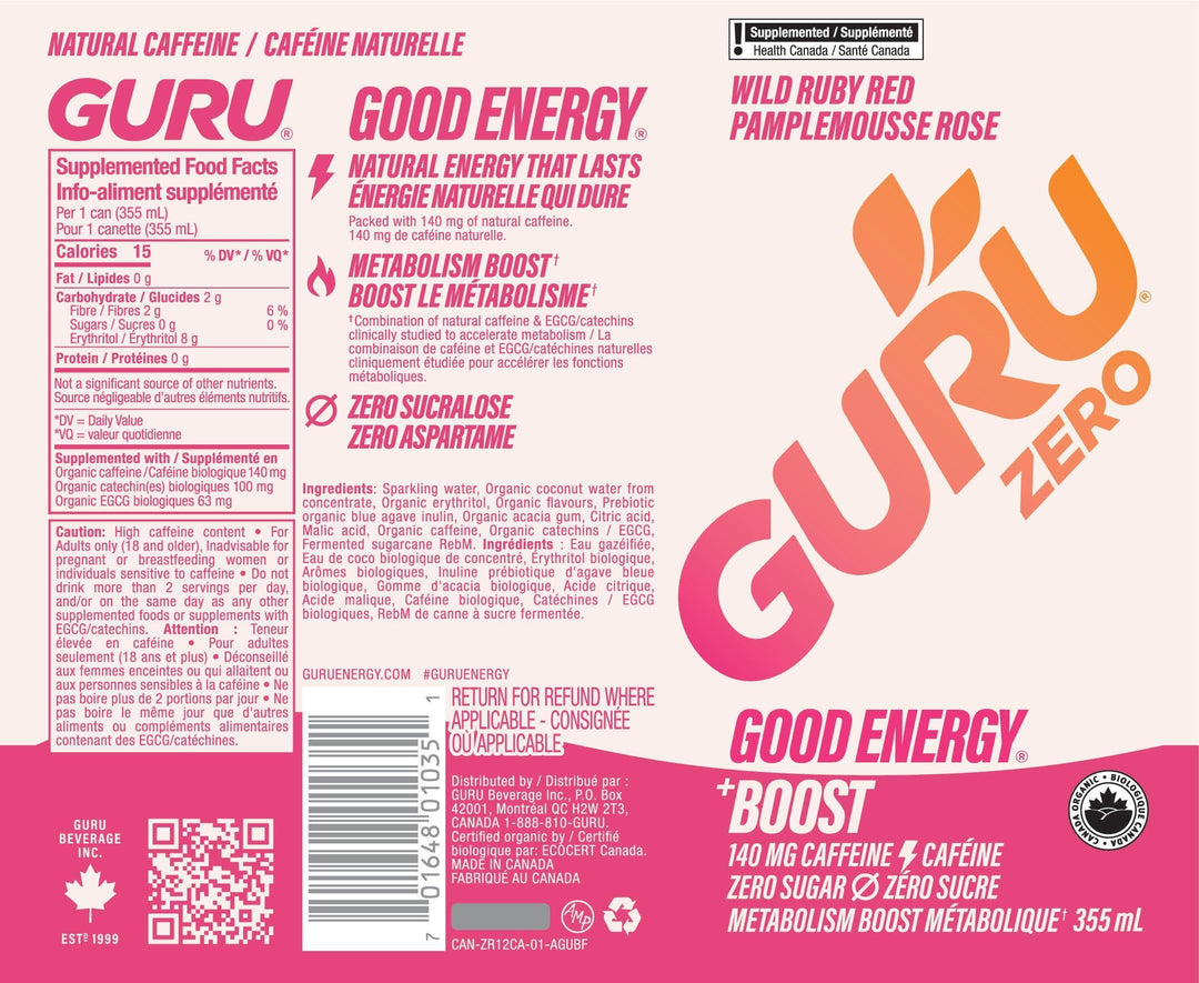 GURU – Zero Sugar Organic Energy Drink – Variety Pack – 355mL, 12 Pack