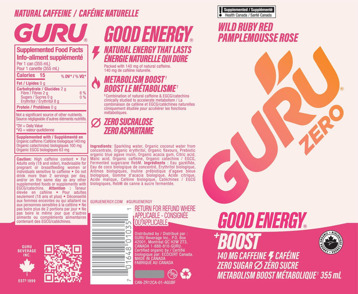 GURU – Zero Sugar Organic Energy Drink – Variety Pack – 355mL, 12 Pack
