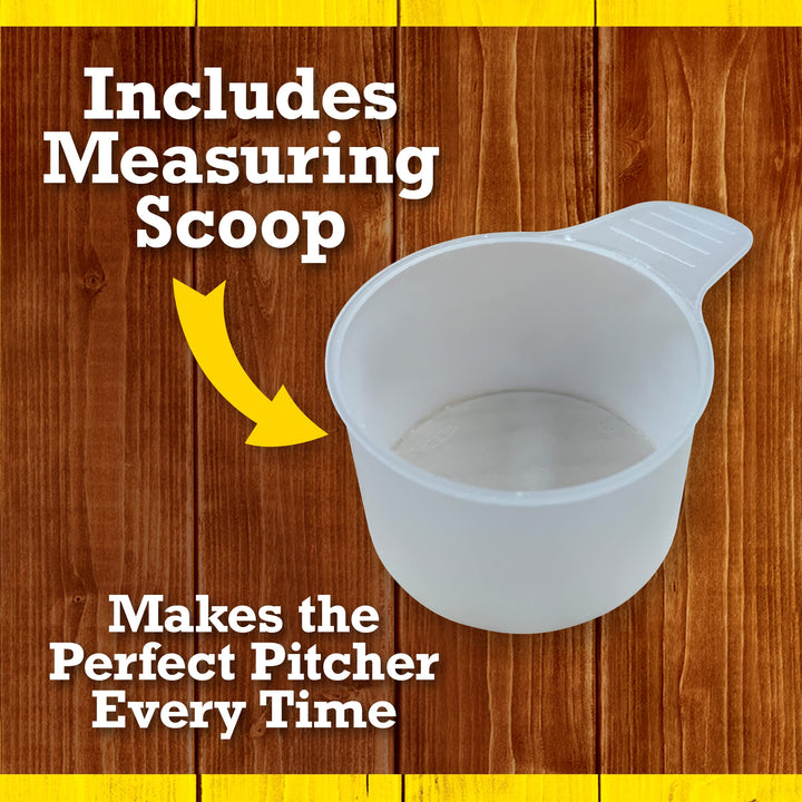 White measuring cup with handle on a wooden background, text indicating it includes a measuring scoop for Lemonade Mix.
