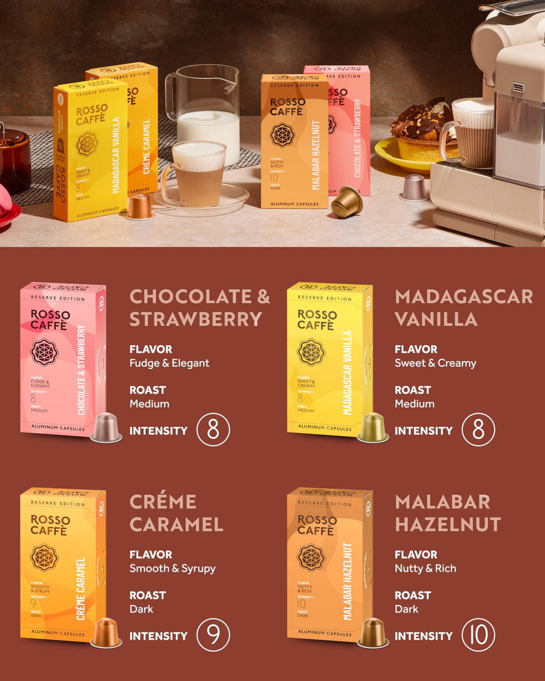 Rosso Caffè – Espresso Coffee Pods – Flavored Pack – 80 Pods