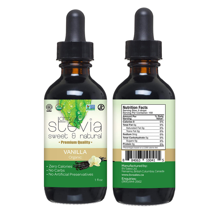 CRAVESTEVIA Organic Liquid Stevia Drops - Vanilla - 2 x 30ml - Canadian Distribution - Ships Free Within Canada on Orders Above CAD $199