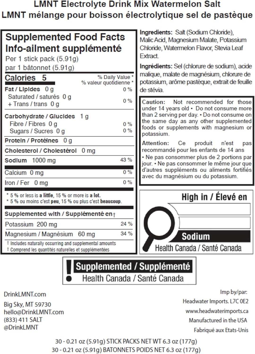 LMNT – Electrolyte Powder Packets – Watermelon Salt – 30 Sticks