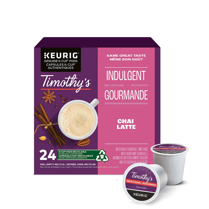 Timothy's Chai Latte K-Cup Pods – 24 Count Single Serve Capsules - Canadian Distribution - Ships Free Within Canada on Orders Above CAD $199