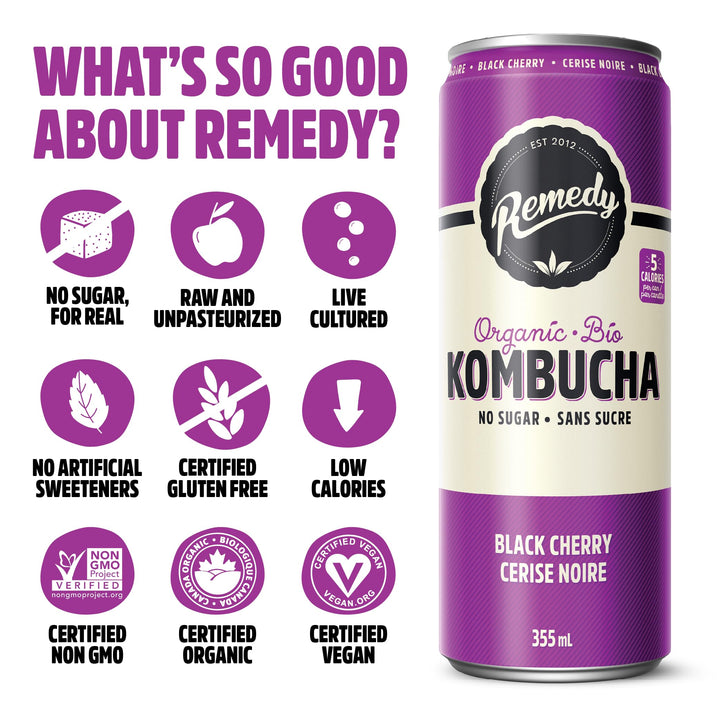 Remedy – Kombucha – Black Cherry – 24 × 355mL – Sugar free