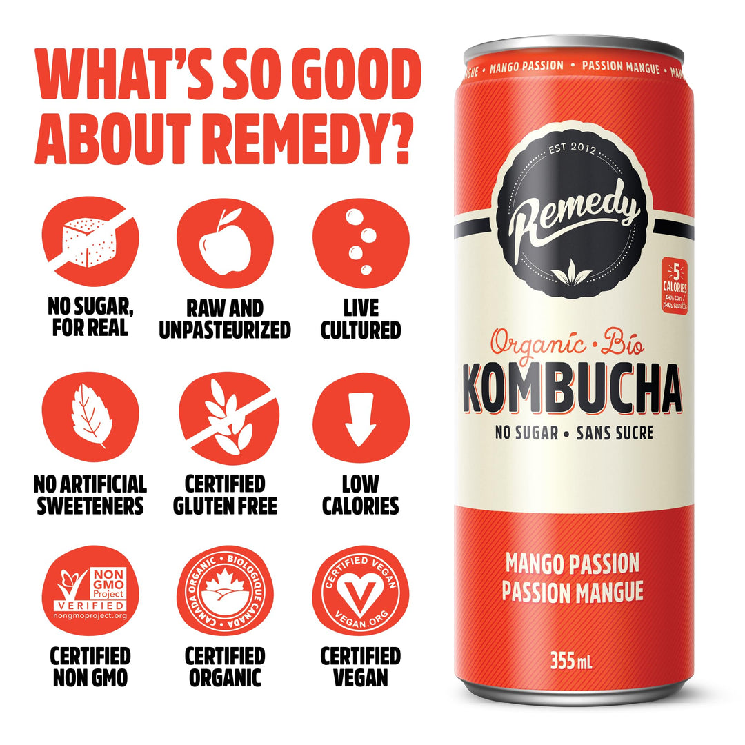 Remedy – Kombucha – Mango Passion – 24 × 355mL – Sugar free