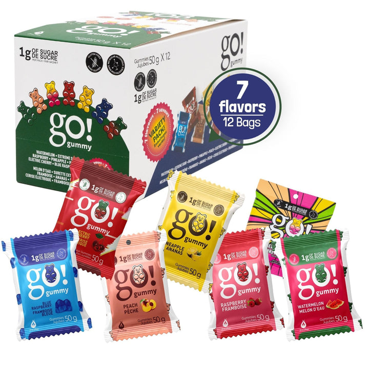 Jimmy Sevigny – GoGummy Low Sugar Gummy Bears – Variety Pack, 7 Flavours – 50g x 12