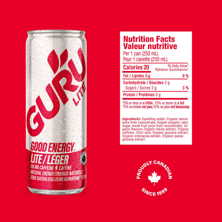 GURU – Lite Organic Energy Drink – Plant-Based Caffeine – 250mL x 24