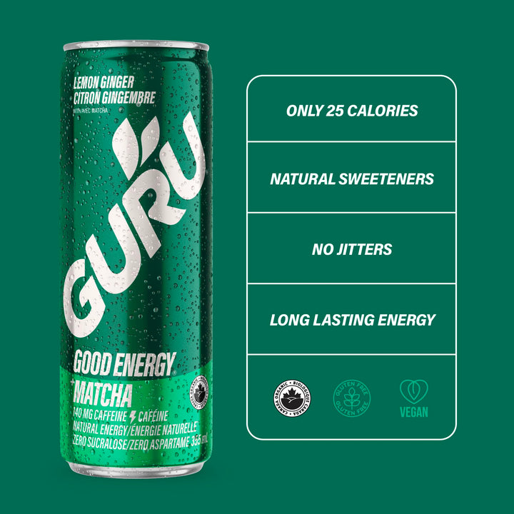 GURU – Matcha Energy Drink – Lemon Ginger – 24 × 355 ml