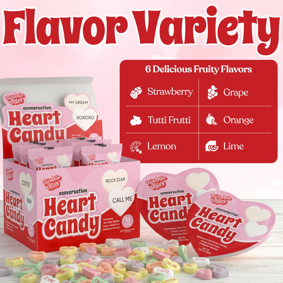 Sachets de 15 cœurs à messages pour la Saint-Valentin – Sachets en forme de cœur remplis de petits messages sucrés – 5 délicieuses saveurs – Bonbons en vrac en forme de cœur – 37 g par sachet