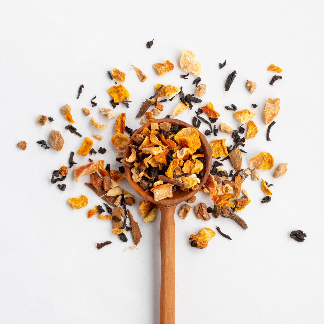 JusTea Pumpkin Spice Loose Leaf Black Tea | 120g Tin with Hand-Carved Spoon | 40+ Servings | Medium Caffeine | Fair Trade & Organic - Canadian Distribution - Ships Free Within Canada on Orders Above CAD $199