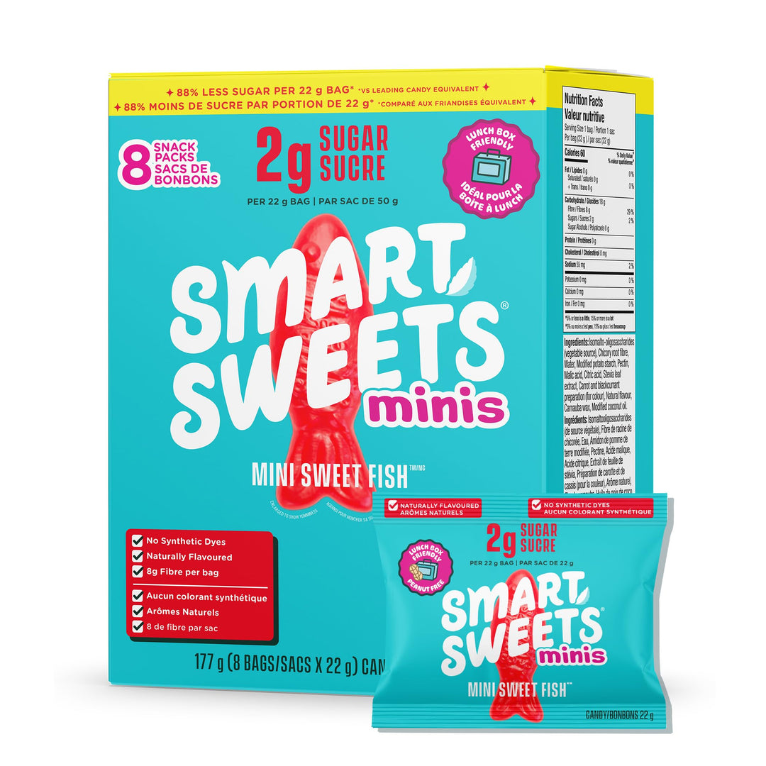 SmartSweets Minis Sweet Fish Gummies – Gluten-Free, Plant-Based Candy with 4g Sugar per Bag, 2 x 8-Pack - Canadian Distribution - Ships Free Within Canada on Orders Above CAD $199