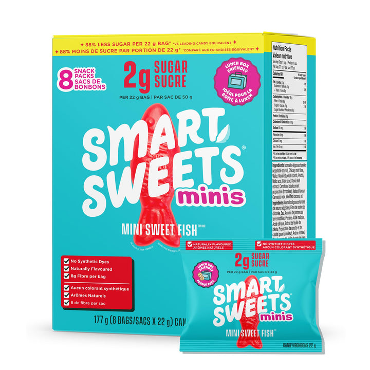 SmartSweets Minis Sweet Fish Gummies – Gluten-Free, Plant-Based Candy with 4g Sugar per Bag, 2 x 8-Pack - Canadian Distribution - Ships Free Within Canada on Orders Above CAD $199