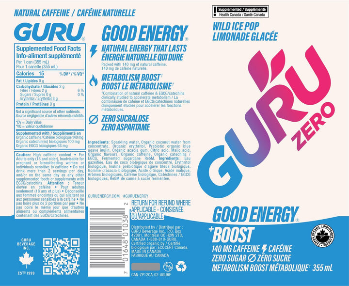GURU – Zero Sucre Organic Energy Drink – Wild Ice Pop – 24 × 355mL – Zero sugar