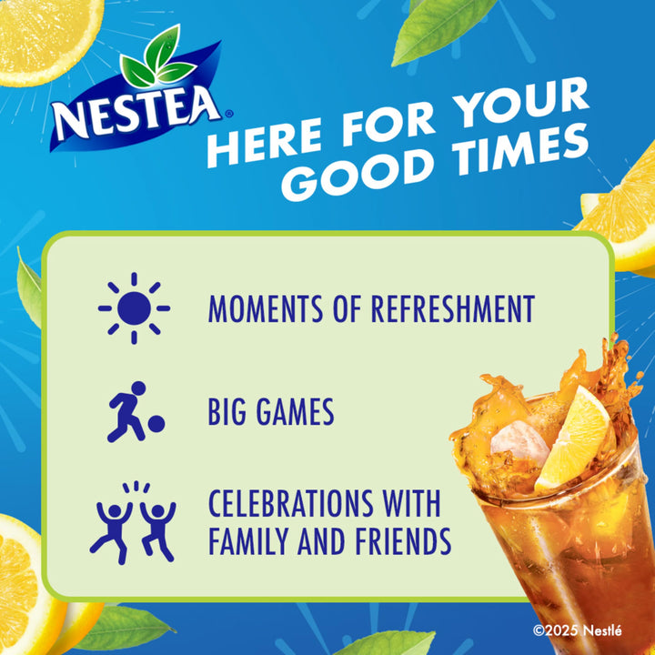 Nestea advertisement with lemon slices and text on a blue background
