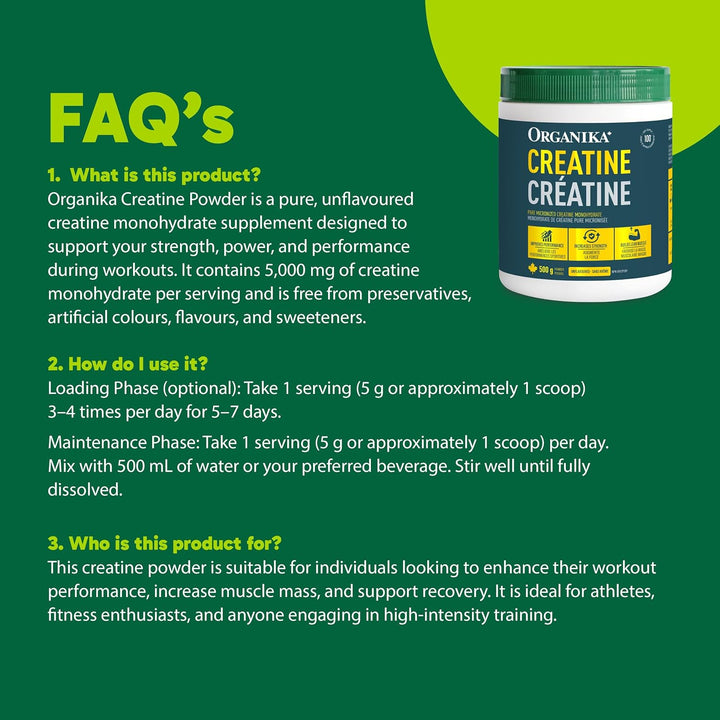 Organika – Creatine Monohydrate Powder – 500 g, 100 Servings