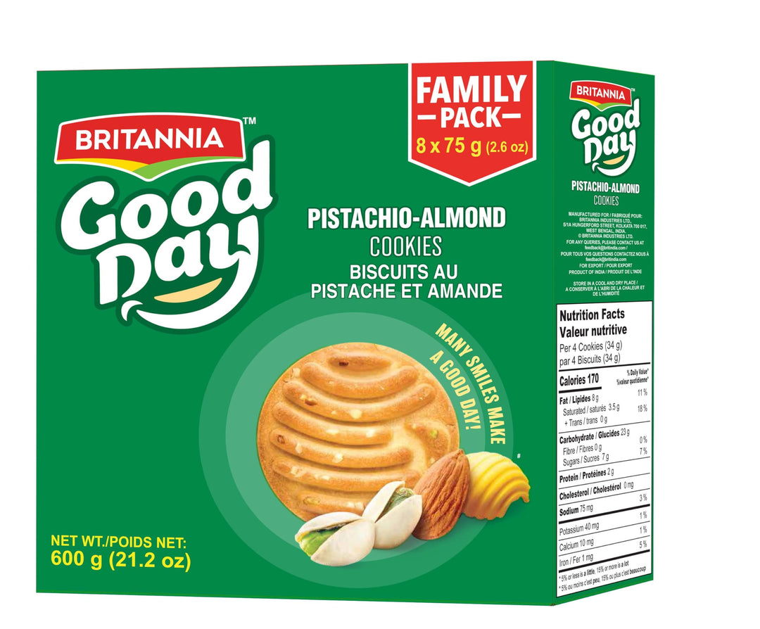 BRITANNIA Good Day Pistachio-Almond Cookies Family Pack – 8 x 75g Packs (Total 600g) Pack of 8 | Family Favorite School Snacks | Perfect for Breakfast or Lunch - Canadian Distribution - Ships Free Within Canada on Orders Above CAD $199
