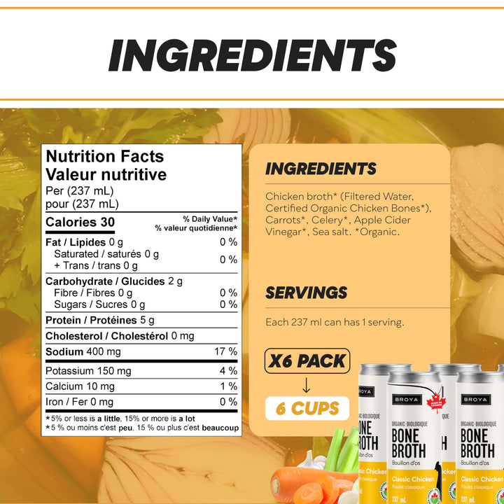 BROYA – Bone Broth – Classic Chicken – 6 × 237mL – Organic Ingredients
