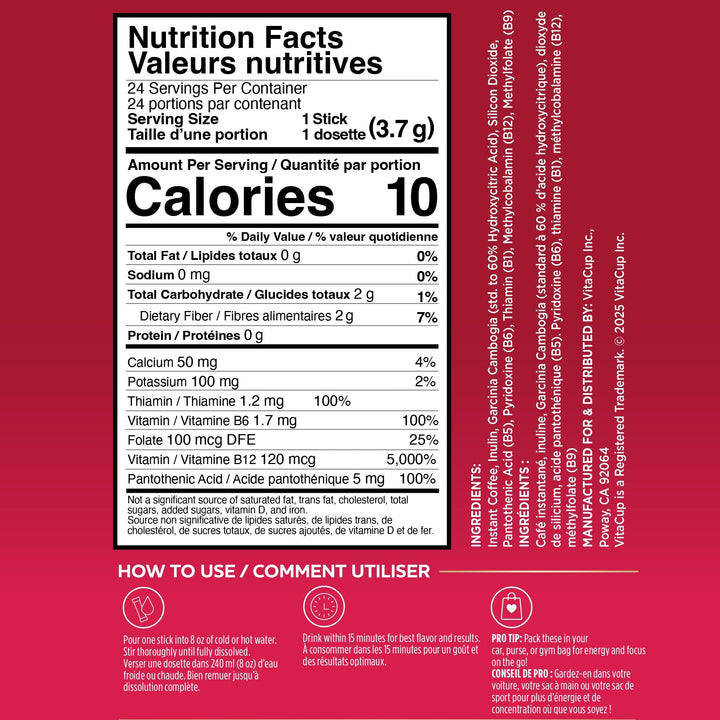 VitaCup – Slim Instant Coffee Packets – Medium Dark Roast – 24 Count – With ginseng and B vitamins