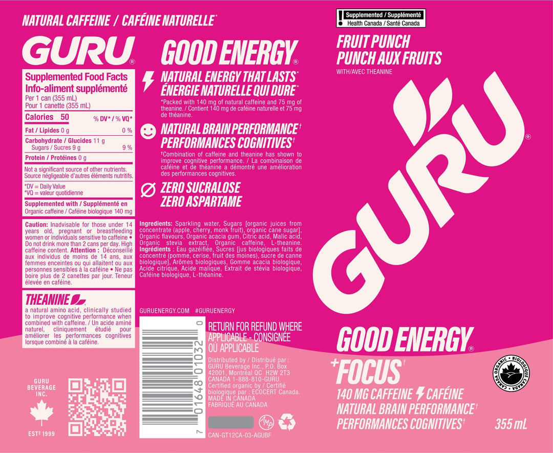 GURU – Organic Energy Drinks – Variety Pack – 24 × 355 ml – 140mg Caffeine