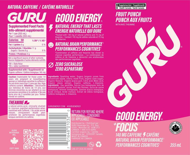 GURU – Organic Energy Drinks – Variety Pack – 24 × 355 ml – 140mg Caffeine