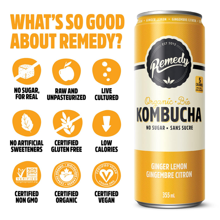 Remedy – Kombucha – Ginger Lemon – 24 × 355mL – Sugar free