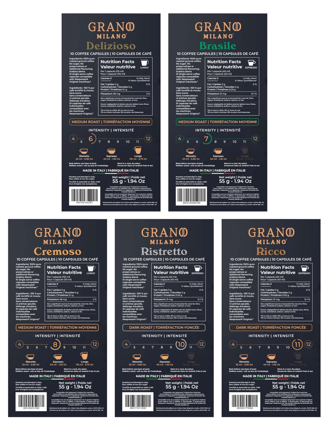 Grano Milano – Coffee Capsules – Medium & Dark Roast Variety – 50 Pods