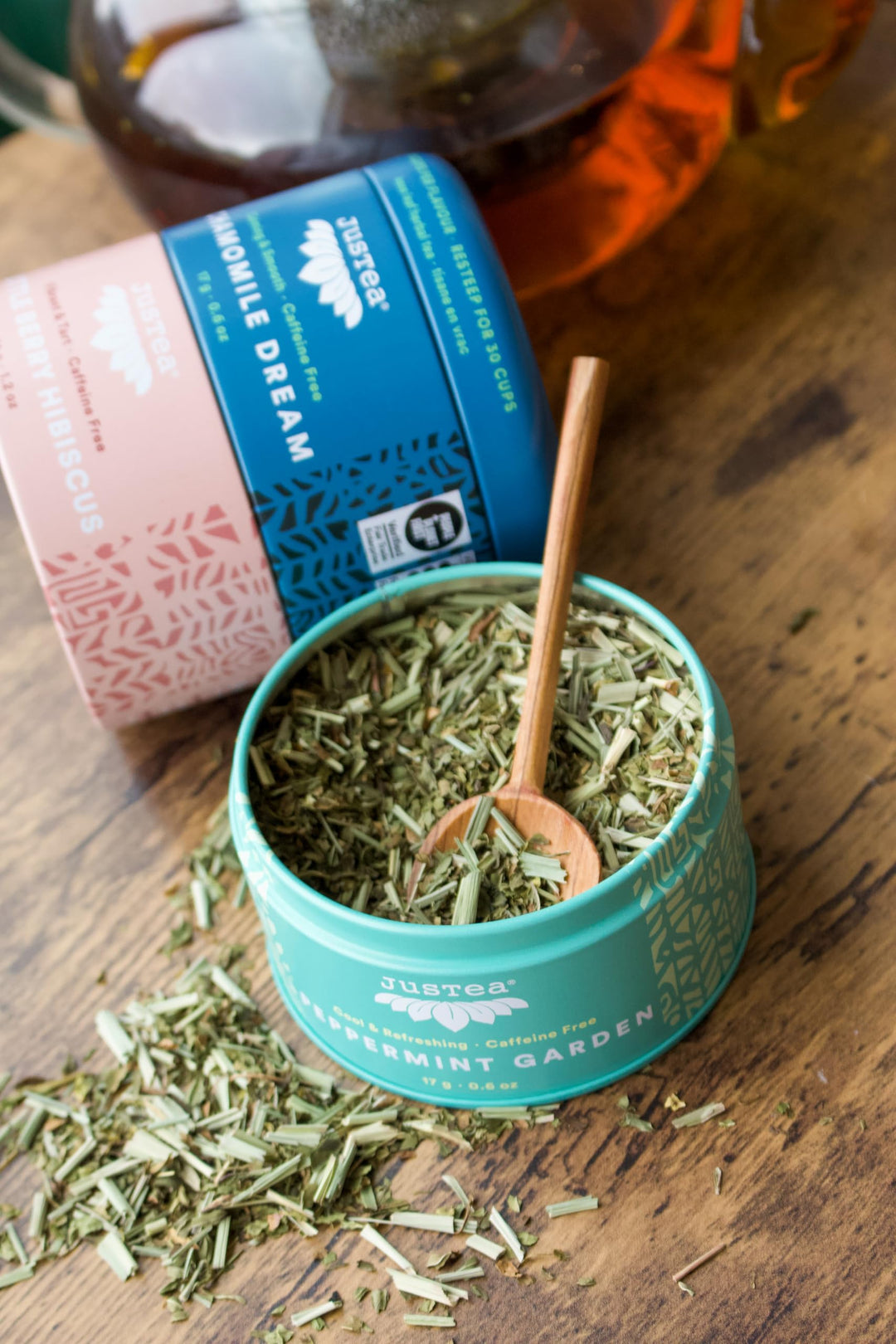 JusTea – Herbal Tea Trio – Variety Pack – Loose Leaf + Carved Spoon