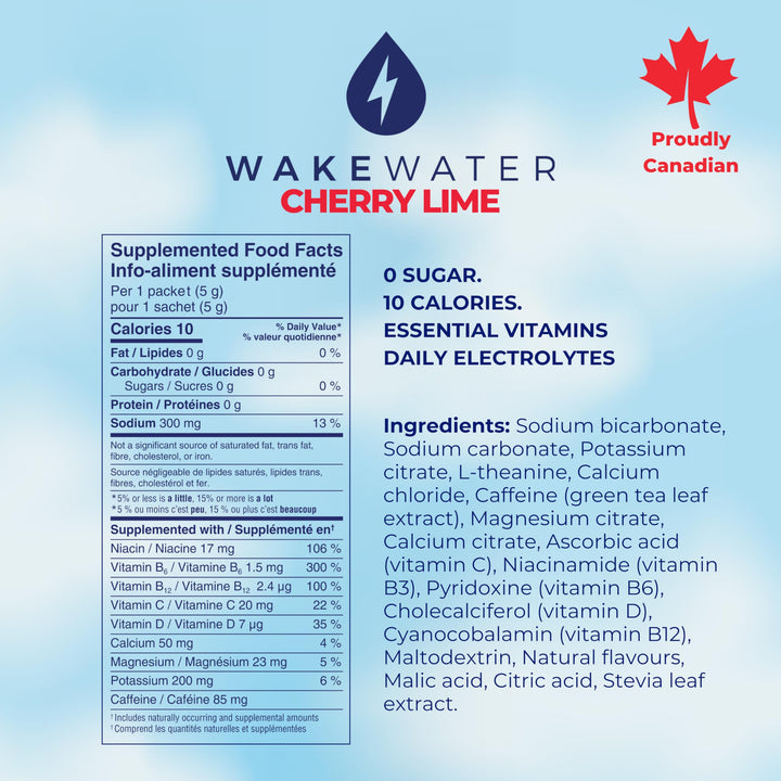 WakeWater Plus – Energy Powder – Cherry Lime – 10 Sticks – Natural green tea caffeine