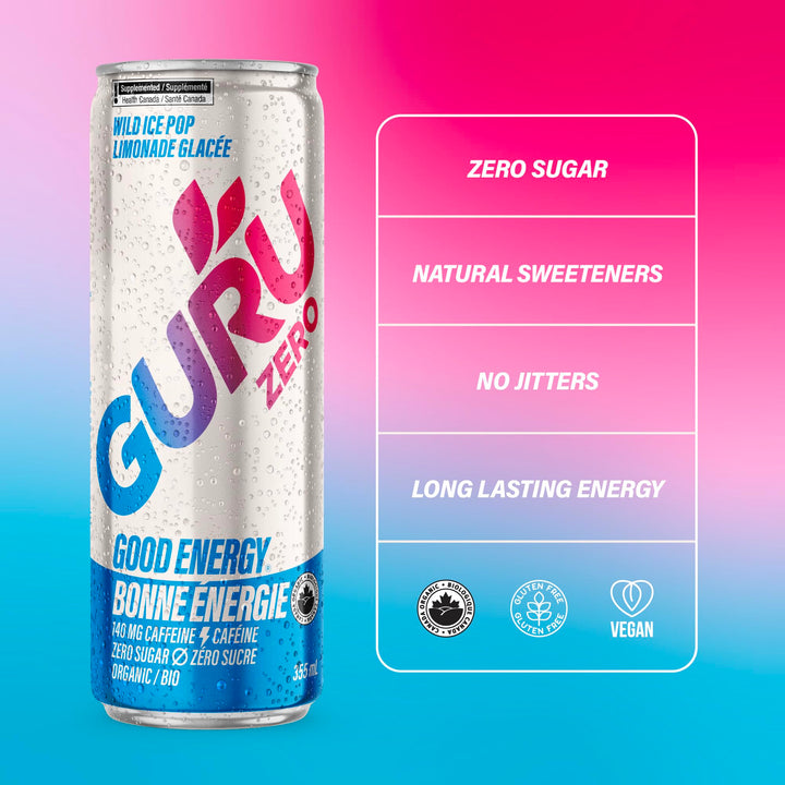 GURU – Zero Sucre Organic Energy Drink – Wild Ice Pop – 24 × 355mL – Zero sugar