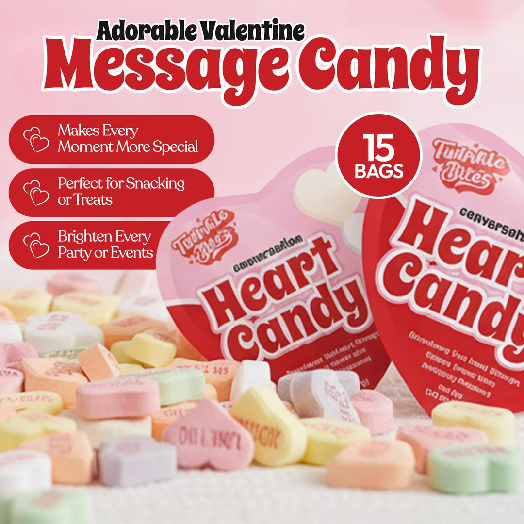 Sachets de 15 cœurs à messages pour la Saint-Valentin – Sachets en forme de cœur remplis de petits messages sucrés – 5 délicieuses saveurs – Bonbons en vrac en forme de cœur – 37 g par sachet