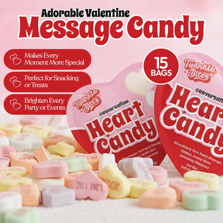 Sachets de 15 cœurs à messages pour la Saint-Valentin – Sachets en forme de cœur remplis de petits messages sucrés – 5 délicieuses saveurs – Bonbons en vrac en forme de cœur – 37 g par sachet