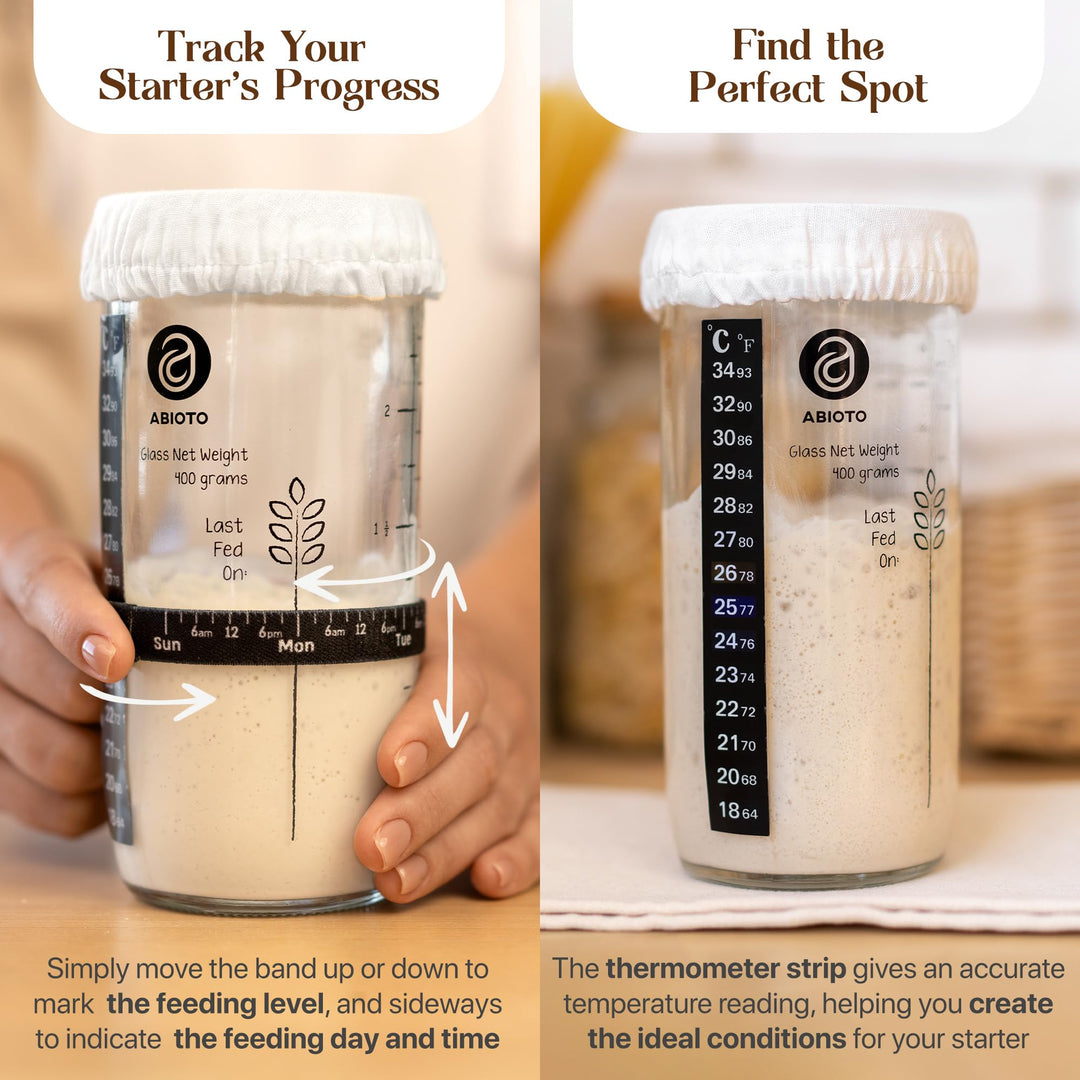 ABIOTO Sourdough Starter Kit - 9" Banneton Basket, 24oz Glass Jar & Complete Bread Baking Tools - Canadian Distribution - Ships Free Within Canada on Orders Above CAD $199