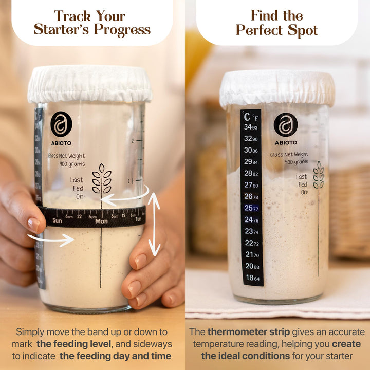 ABIOTO Sourdough Starter Kit - 9" Banneton Basket, 24oz Glass Jar & Complete Bread Baking Tools - Canadian Distribution - Ships Free Within Canada on Orders Above CAD $199