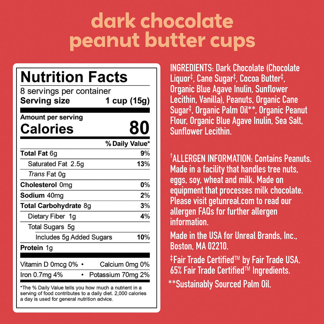 Unreal Dark Chocolate Peanut Butter Cups - 2 x Single Pack - Canadian Distribution - Ships Free Within Canada on Orders Above CAD $199