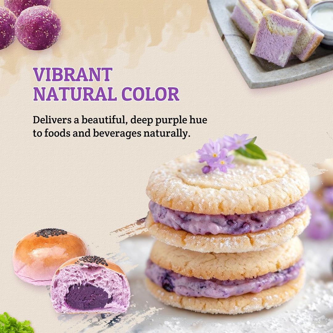Cookies with purple filling and a purple flower on top, with text about vibrant natural color.