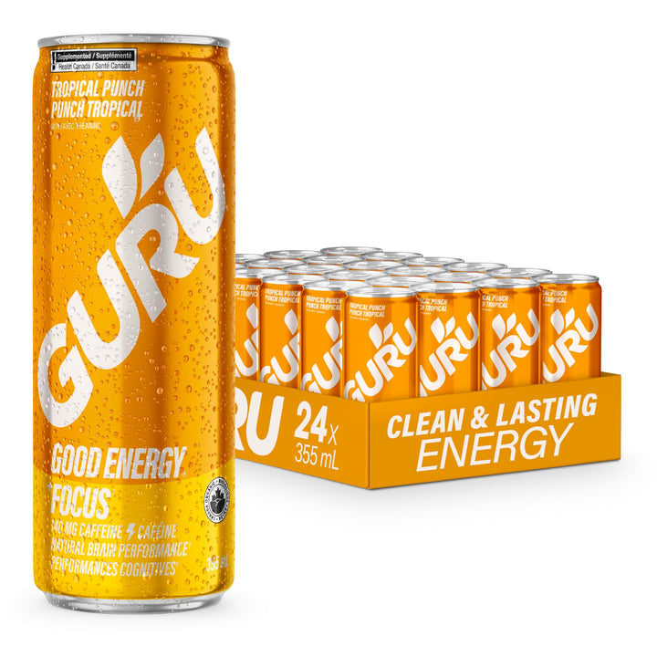 GURU – Organic Energy Drink – Tropical Punch – 24 × 355mL – Plant based caffeine