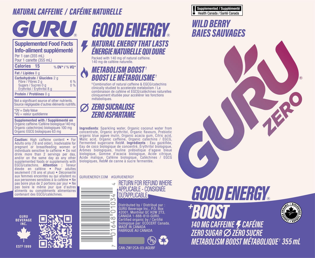 GURU – Zero Sugar Organic Energy Drink – Variety Pack – 355mL, 12 Pack