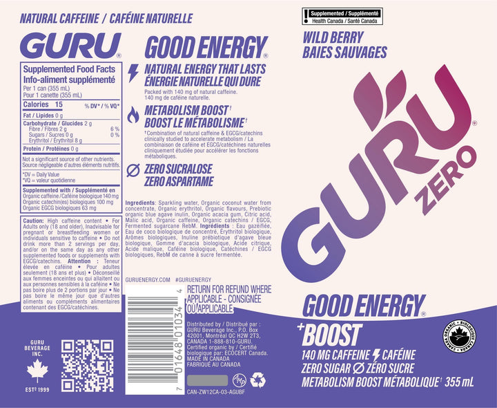 GURU – Zero Sugar Organic Energy Drink – Variety Pack – 355mL, 12 Pack