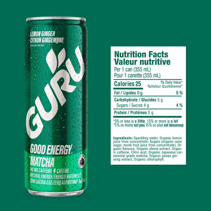GURU – Matcha Energy Drink – Lemon Ginger – 24 × 355 ml