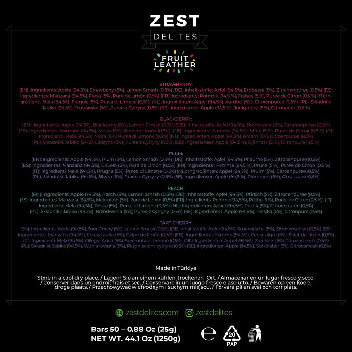 Zest Delites – Fruit Leather Lavashak – Mixed Fruit – 50 × 25g – Individually wrapped