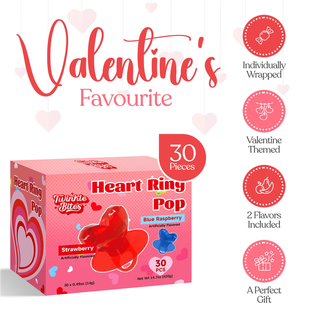 Paquet de 30 bonbons pour la Saint-Valentin – Sucettes emballées individuellement sur le thème des fêtes – Saveurs délicieuses : fraise et framboise bleue
