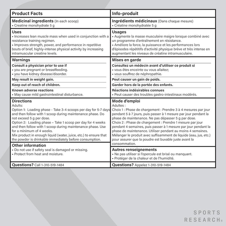 Sports Research – Creatine Monohydrate – 100 Servings