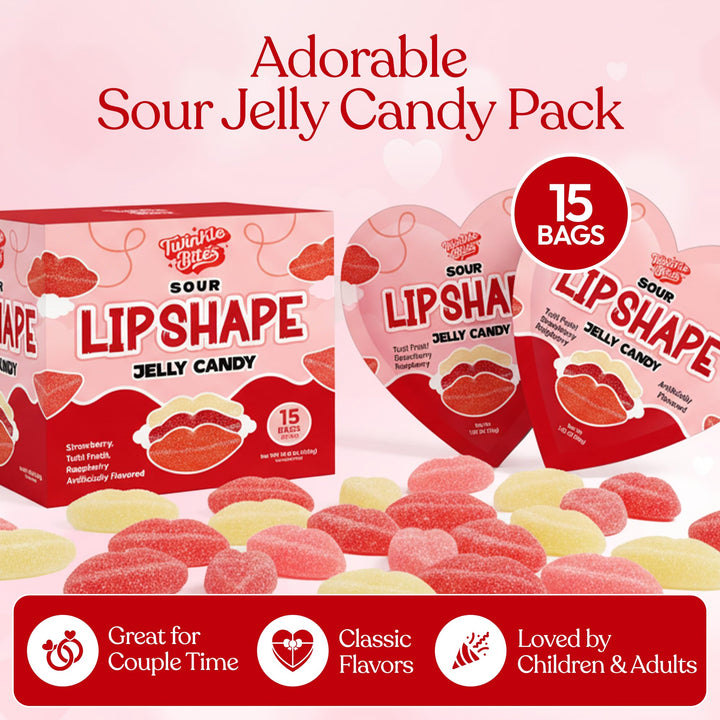 Coffret cadeau de 15 bonbons gélifiés acidulés pour la Saint-Valentin – Sachets en forme de cœur contenant 5 bonbons à lèvres chacun, saveurs fraise, framboise et tutti frutti