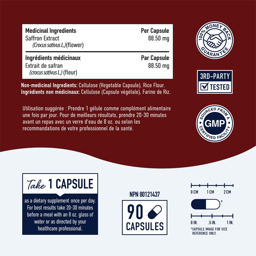 Saffron Extract Supplement - 88.5mg - 90 Capsules - 3:1 Ratio - Vegetarian