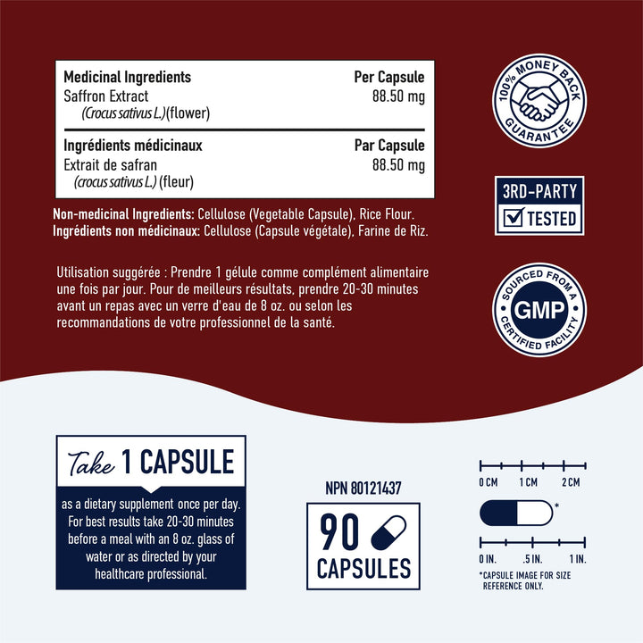 Saffron Extract Supplement - 88.5mg - 90 Capsules - 3:1 Ratio - Vegetarian