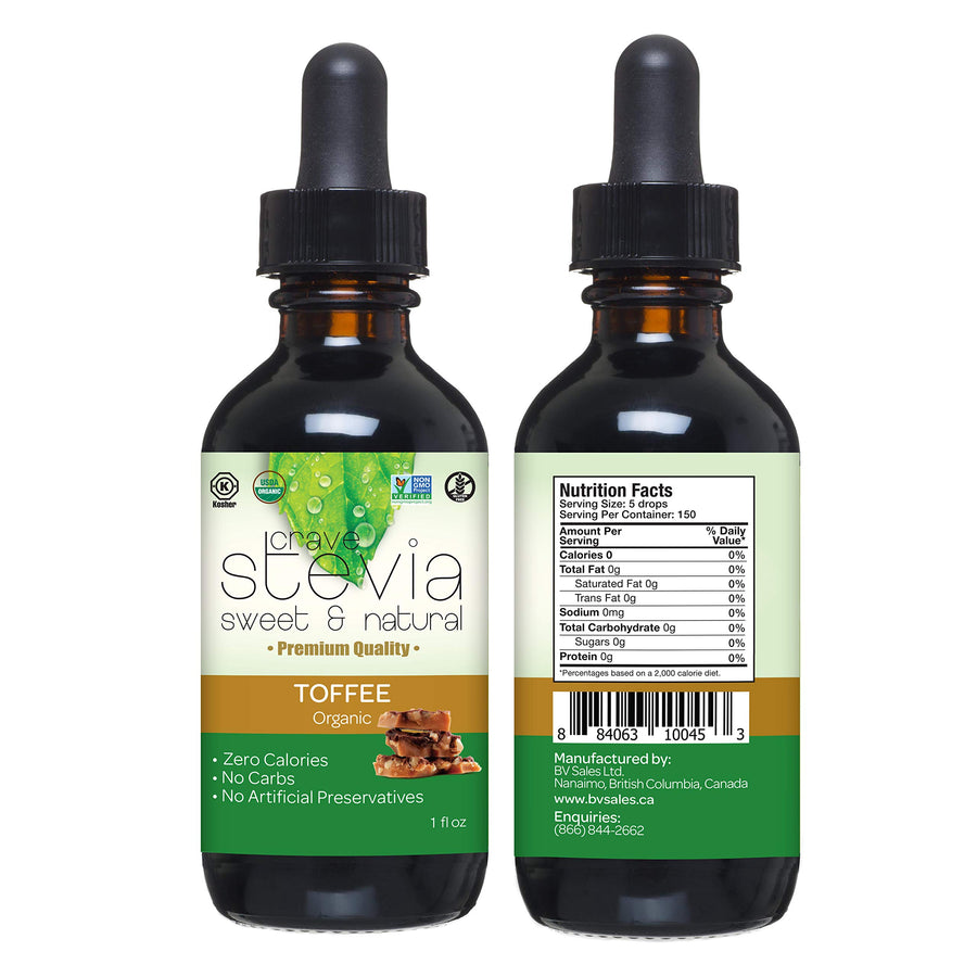 CraveStevia Organic Liquid Stevia Drops - Toffee Flavor - Natural Sweetener - 2 x 30ml - Canadian Distribution - Ships Free Within Canada on Orders Above CAD $199