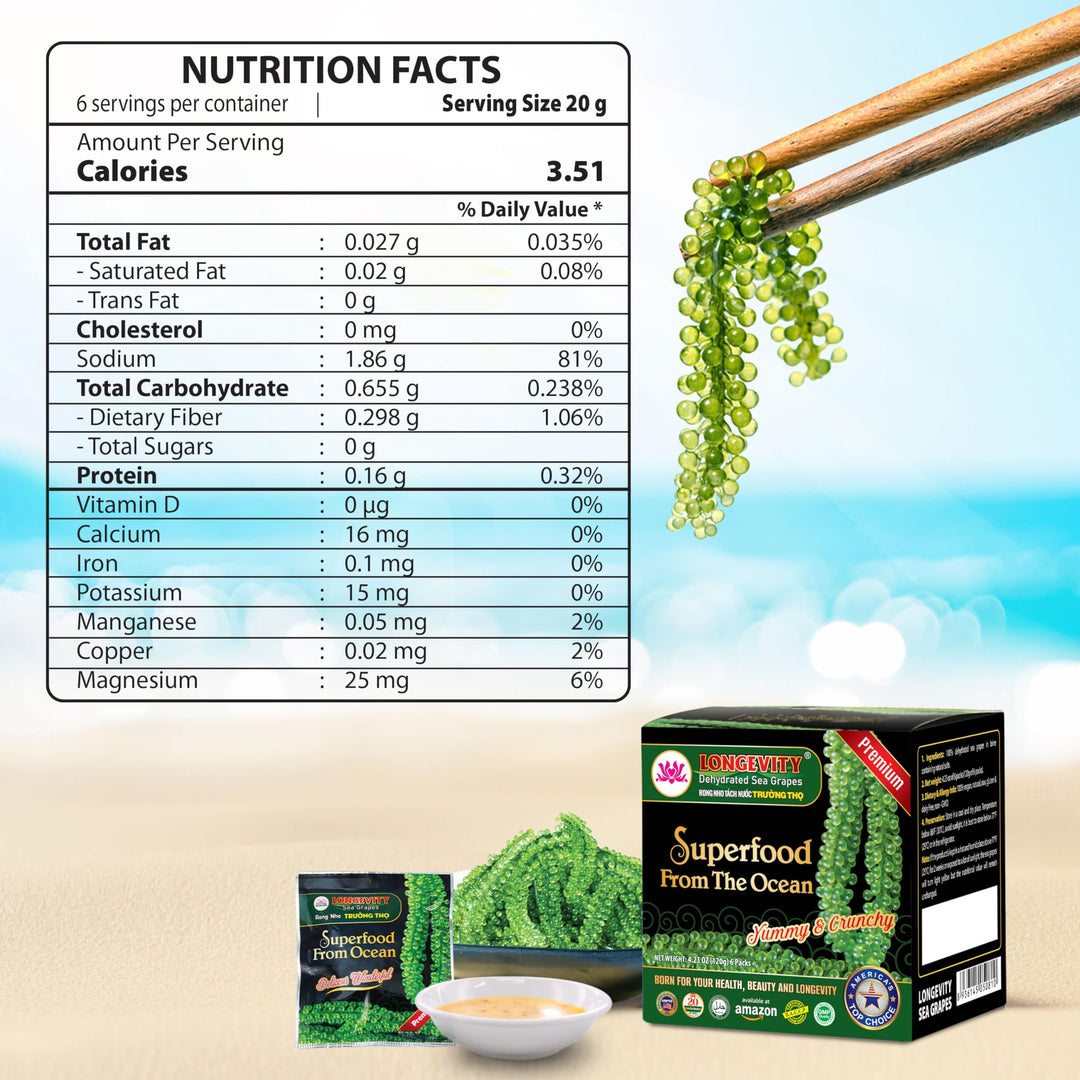 Longevity – Sea Grapes Umibudo Green Caviar – Original – 6 Pack – Dehydrated saltwater marinated