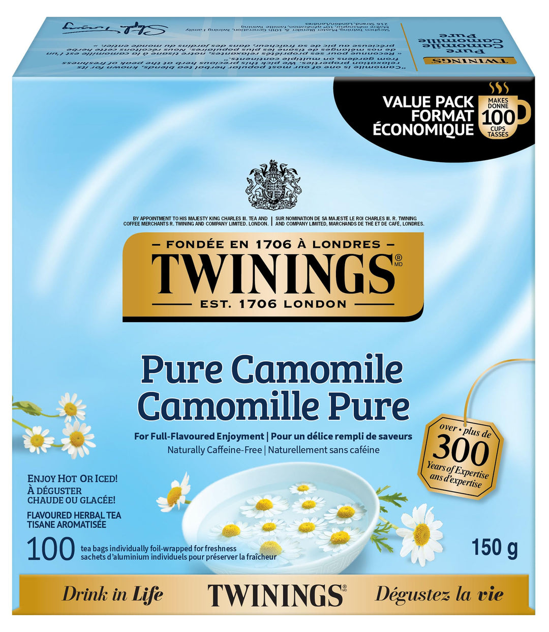 Twinings Pure Camomile Herbal Tea Bags | Caffeine-Free | 100% Natural Camomile Blossoms | 400 Tea Bags (4 Boxes of 100) - Canadian Distribution - Ships Free Within Canada on Orders Above CAD $199